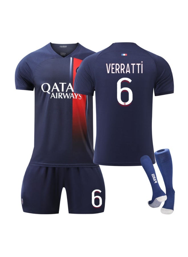 PSG 2023-2024 باريس المنزل #6 فيراتي كرة القدم جيرسي السراويل الجوارب مجموعة الأطفال حجم والكبار حجم الهدايا للجماهير والأصدقاء - Image 1